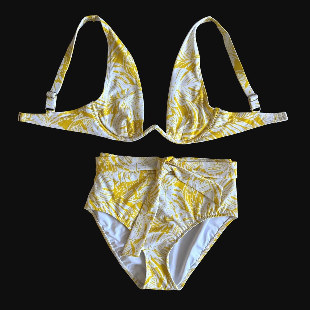 Sports Illustrated Swim Yellow Tropical Leaf Underwire Bikini Set 34B Med Cruise